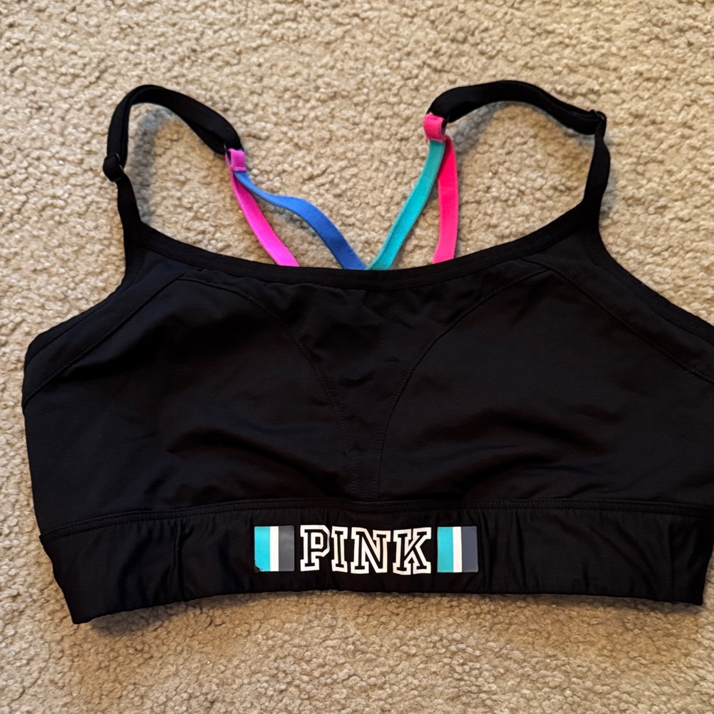 PINK Victoria's Secret Black Sports Bra with Pink and Blue Straps